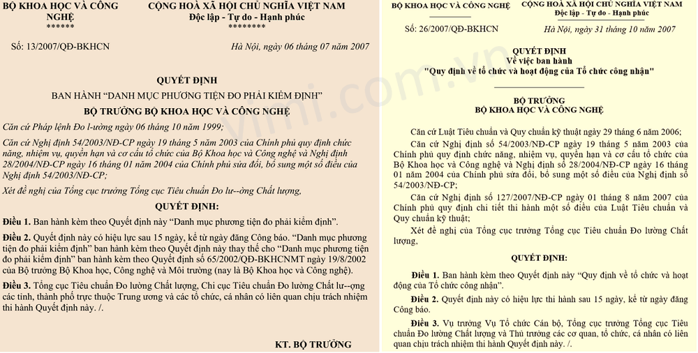 Văn bản pháp quy liên quan đến kiểm định và hiệu chuẩn thiết bị đo