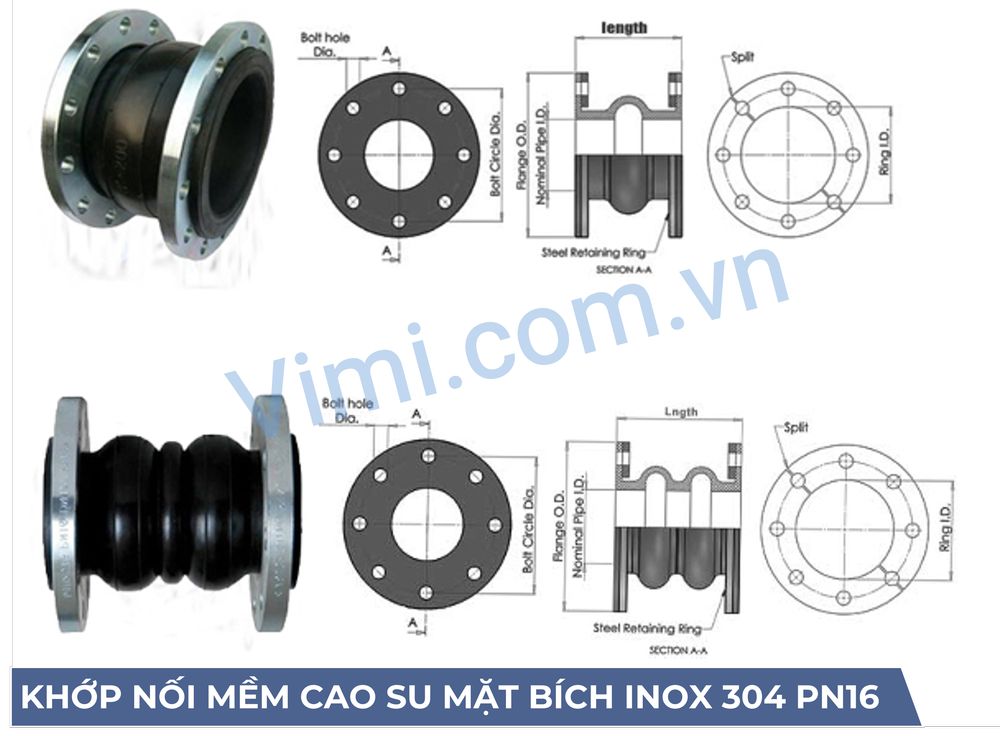 Đặc điểm khớp nối mềm cao su mặt bích inox 304 PN16