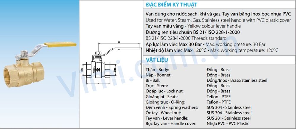 Thông số kỹ thuật van bi đồng dùng cho gas Miha