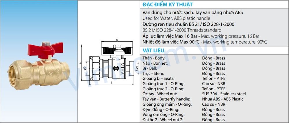 Van bi đồng liên hợp tay bướm ren trong Miha Thông số cơ bản van bi đồng liên hợp tay bướm ren trong Miha