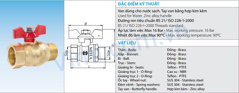 Thông số kỹ thuật van bi đồng ren ngoài ren trong tay bướm Miha