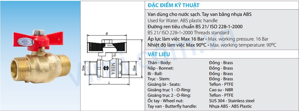 Thông số kỹ thuật van bi đồng ren ngoài tay bướm Miha