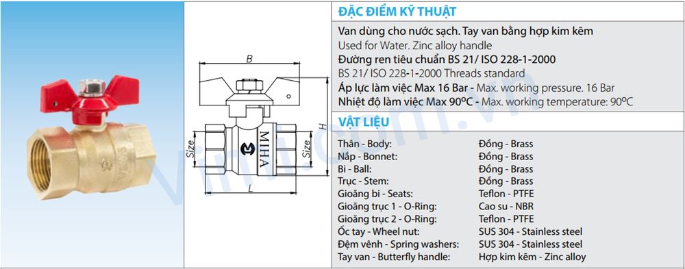 Van bi đồng tay bướm hợp kim Miha Các thông số kỹ thuật
