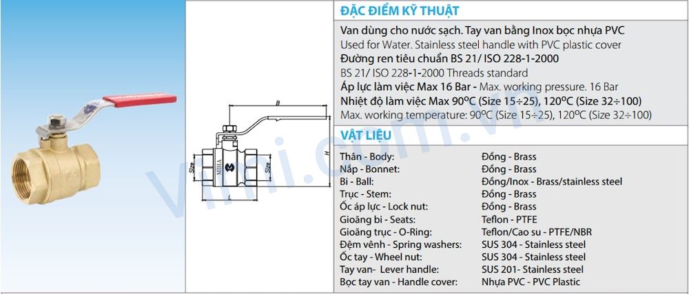 Van bi đồng Miha Thông số kỹ thuật van bi đồng tay gạt inox Miha