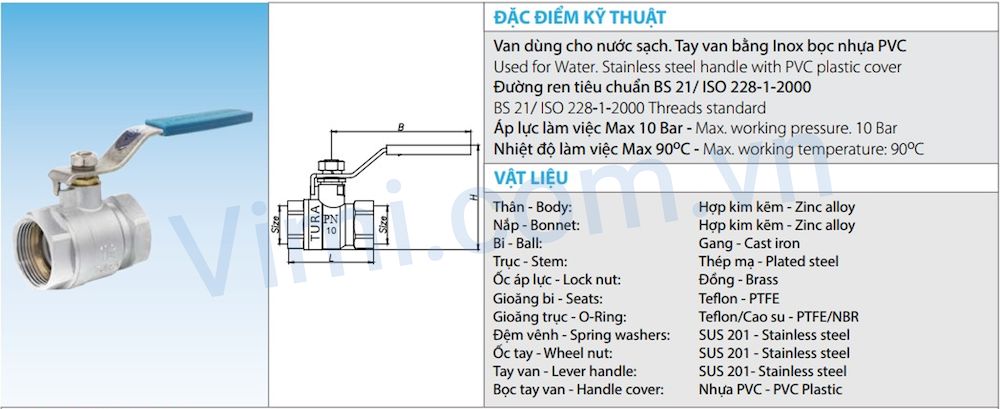 Van bi hợp kim tay gạt Tura PN10 Van có đa dạng kích thước