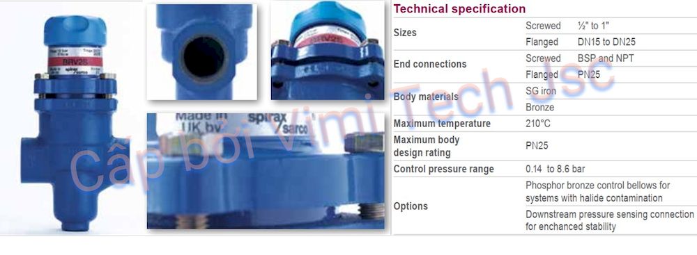 Van giảm áp BRV2 Spirax Sarco Các thông số kĩ thuật của van Spirax sarco BRV2