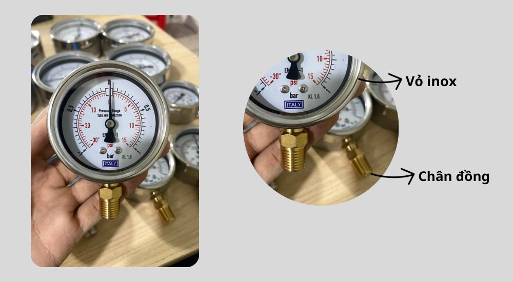 Đồng hồ áp suất Italy vỏ inox chân đồng Áp kế Italy vỏ inox chân đồng – đạt chuẩn Châu Âu
