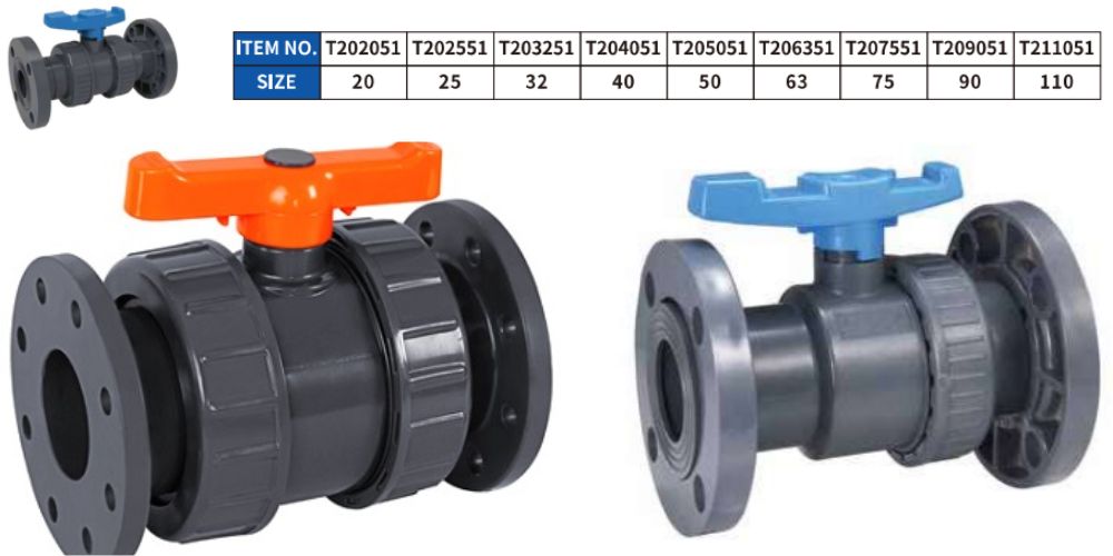 kích thước van bi nhựa nối bích