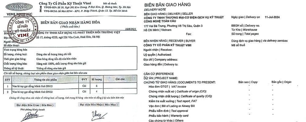 biên bản giao nhận hàng hóa