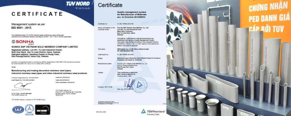 chứng nhận ống inox sơn hà