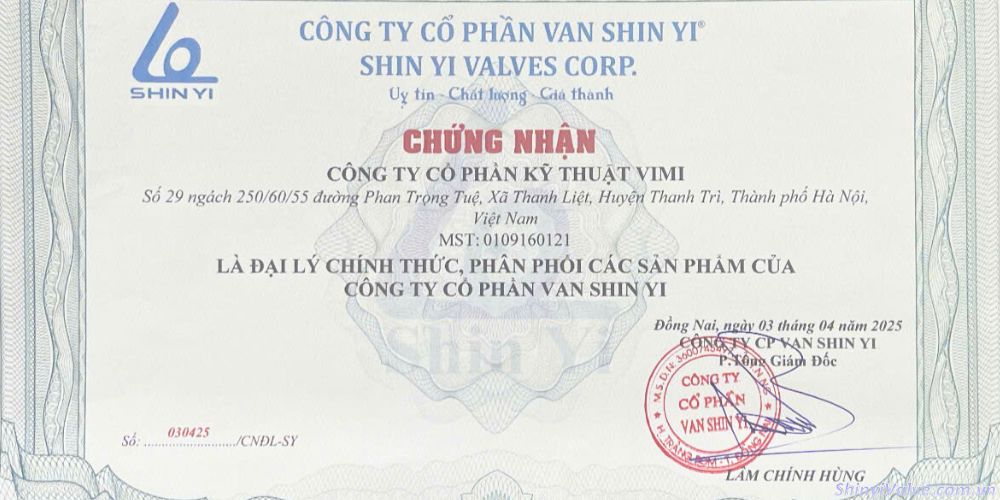 chứng nhận đại lý van shinyi