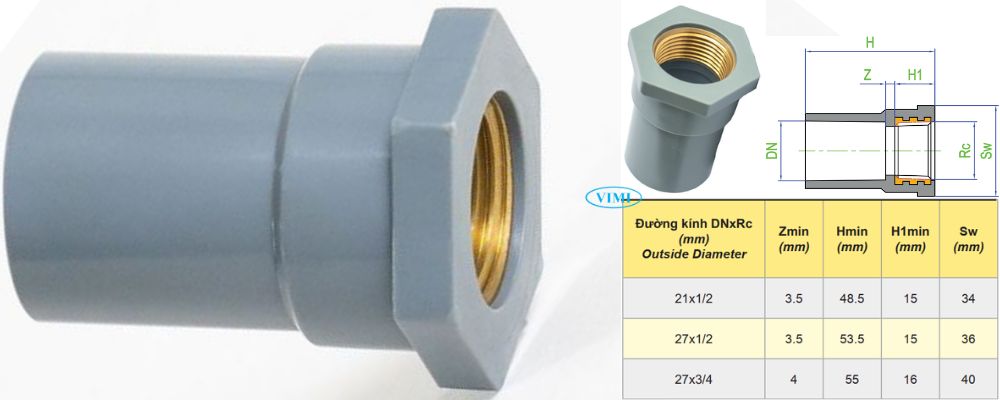 bản vẽ măng sông upvc dekko hệ mét ren đồng trong