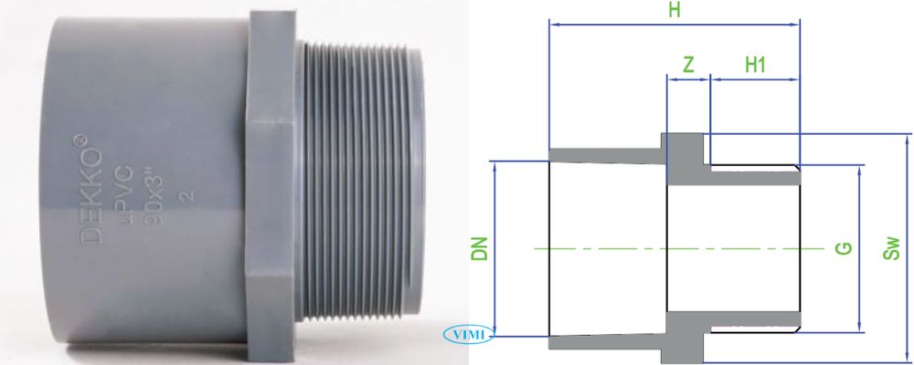 bản vẽ măng sông upvc dekko hệ mét ren ngoài