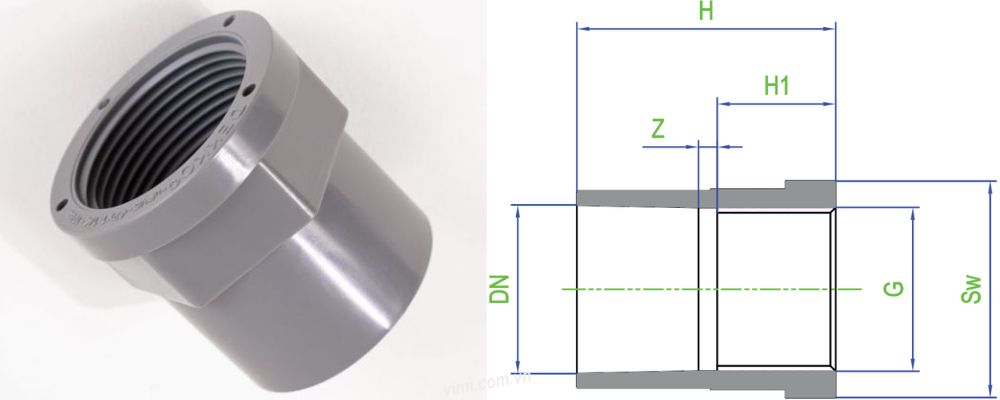 bản vẽ măng sông upvc dekko hệ mét ren trong