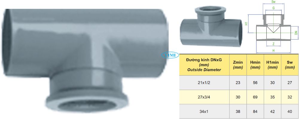 Tê uPVC Dekko hệ mét bản vẽ tê upvc dekko hệ mét ren trong