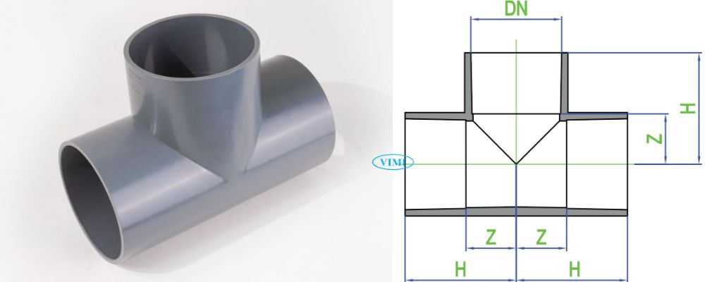 Tê uPVC Dekko hệ mét bản vẽ tê upvc dekko hệ mét