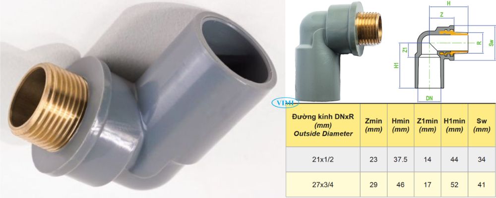 Cút uPVC Dekko hệ mét kích thước cút upvc dekko hệ mét ren đồng ngoài