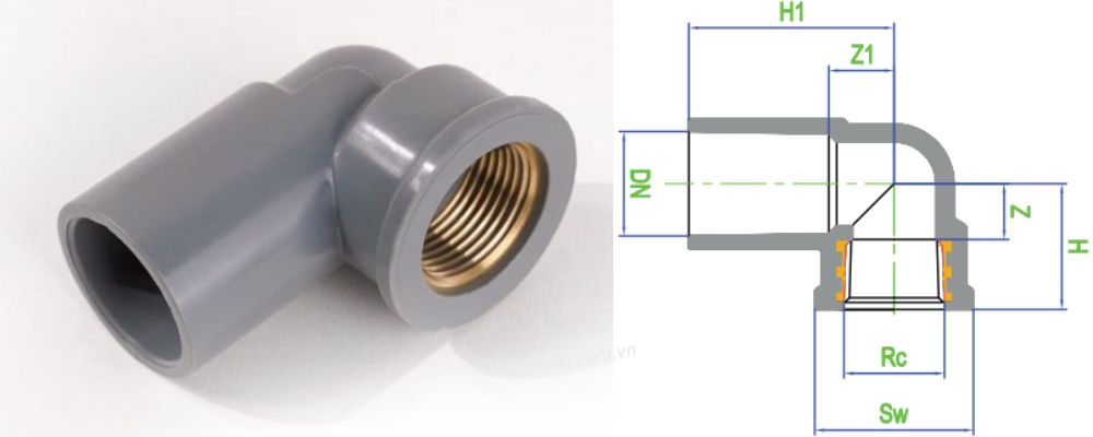 Cút uPVC Dekko hệ mét kích thước cút upvc dekko hệ mét ren đồng trong
