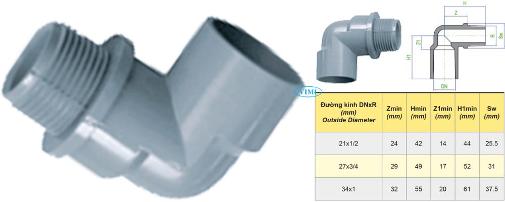 Cút uPVC Dekko hệ mét kích thước cút upvc dekko hệ mét ren ngoài