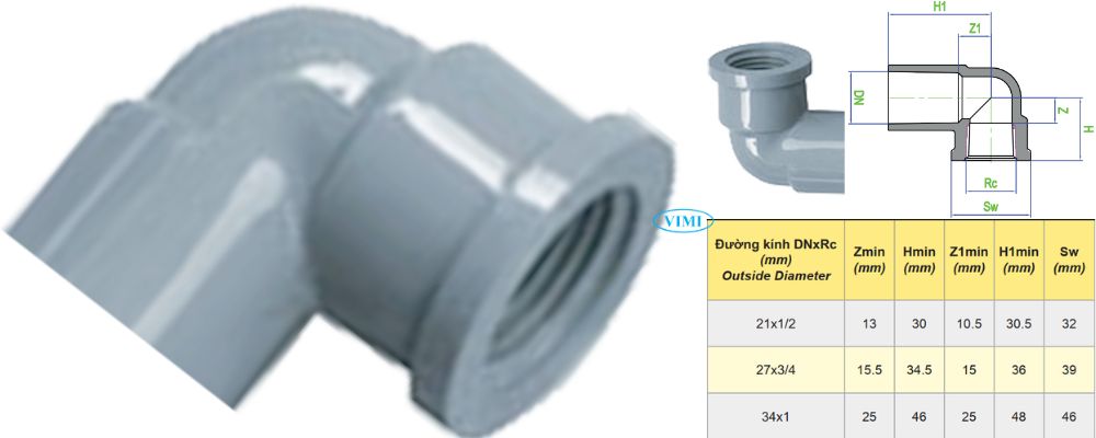 Cút uPVC Dekko hệ mét kích thước cút upvc dekko hệ mét ren trong