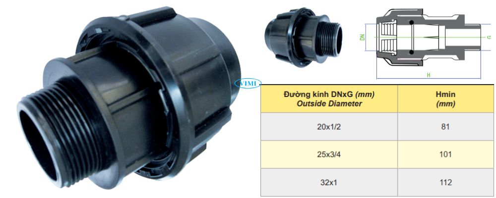 Nối Dekko HDPE kích thước nối dekko hdpe ren ngoài