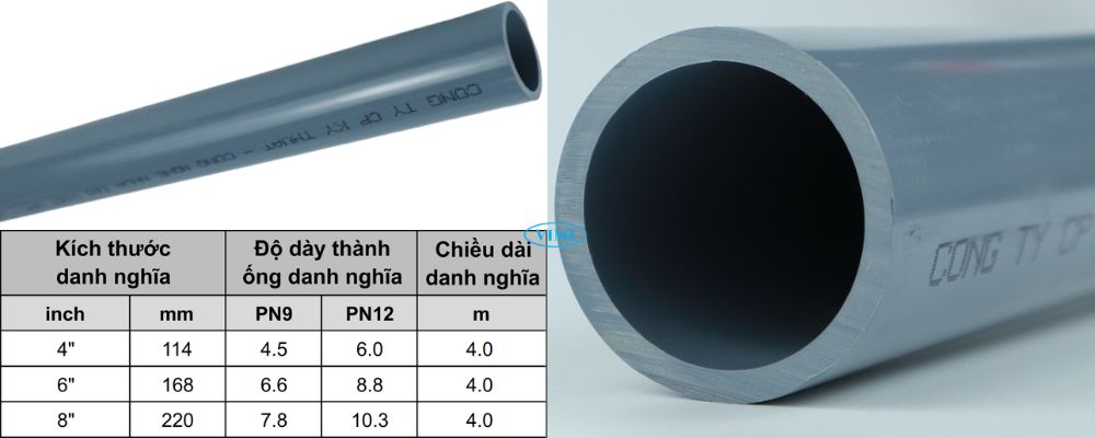 kích thước ống cấp thoát nước upvc gs hệ inch