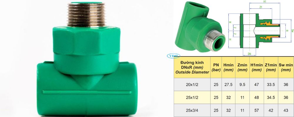 kích thước tê ppr dekko ren ngoài