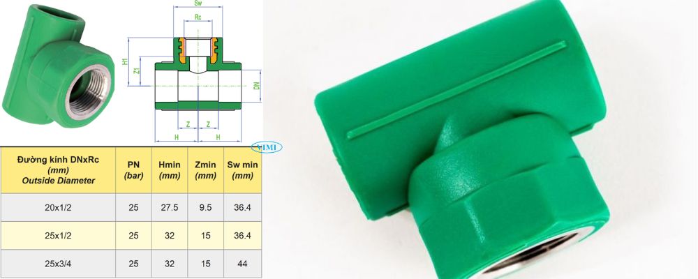 kích thước tê ppr dekko ren trong