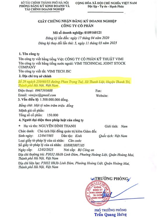 Địa chỉ trụ sở đăng ký kinh doanh Vimi