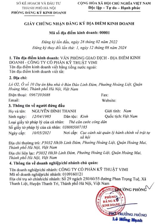 Địa chỉ văn phòng giao dịch Vimi tại Hà Nội