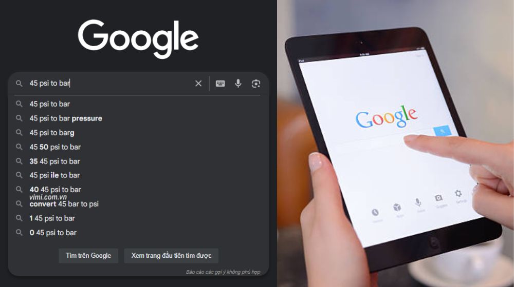 đổi đơn vị psi bằng google