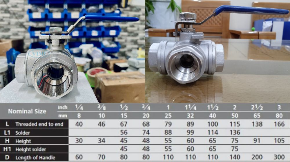 kích thước van bi loại 3 ngã