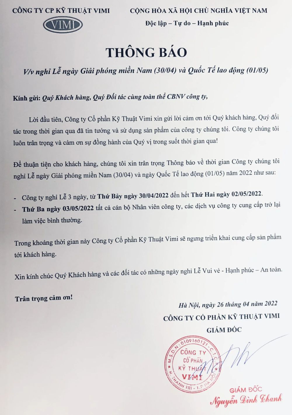 nghỉ lễ ngày 30-4 1-5 2022