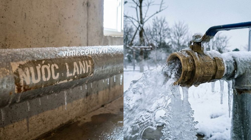 nước lạnh trong hệ thống ống và van