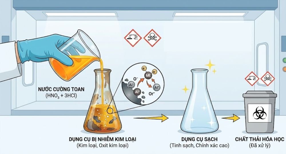 ứng dụng nước cường toan làm sạch dụng cụ phòng thí nghiệm